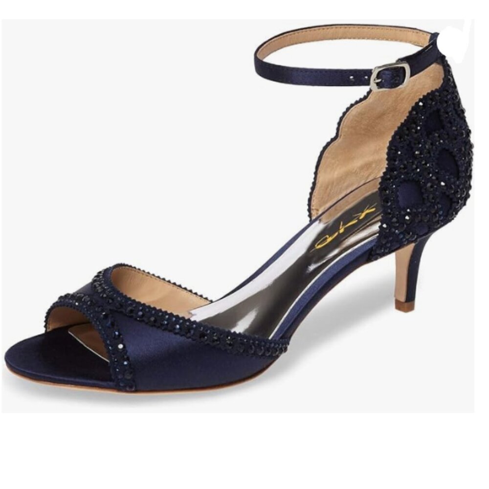 XYD Navy Chic Peep Toe D'Orsay Kitten Heel Rhinestone Studs Ankle Strap Sandals